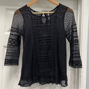 Free People Black Lace Sheer 3/4 Sleeve Top XS